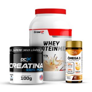 Combo Whey Mix (900g) GROWUP + Ômega 3 (60 Caps) MIX NUTRI + Creatina 100% Pura (100g) DCX