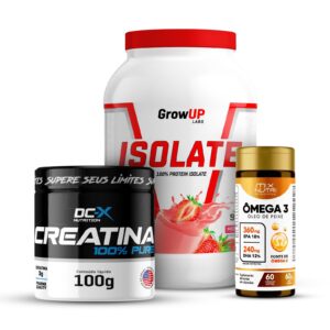 Combo Isolate Protein (900g) GROWUP + Creatina 100% Pura (100g) DCX + Ômega 3 (60 Caps) MIX NUTRI