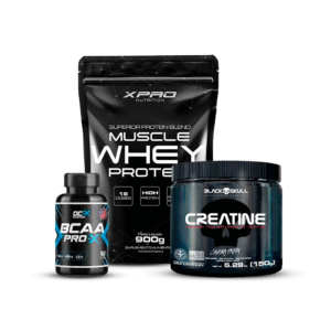 Combo Muscular Intenso | Whey Muscle (900g - Refil) XPRO + Creatina (150g) Black Skull + BCAA PRO-X (60 Caps) DCX – Força, Massa e Recuperação!