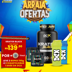 Na Compra de 1 Kratos Black (60 Caps) DCX + 1 Real - Leve 2 (Duas) Coqueteleiras DCX + 2 (Dois) Pré Treinos BOPE (150g) BLACK SKULL