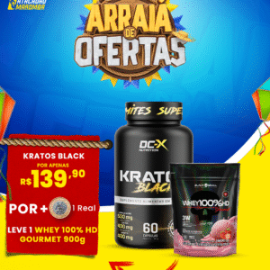 Na Compra de 1 Kratos Black (60 Caps) DCX + 1 Real - Leve 1 (Um) Whey 100% HD Gourmet (900g - Refil) BLACK SKULL
