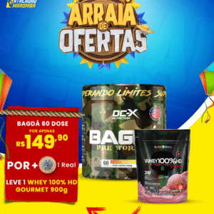 Na Compra de 1 Pré Treino Bagdá (420g) DCX + 1 Real - Leve 1 (Um) Whey 100% HD Gourmet (900g - Refil) BLACK SKULL